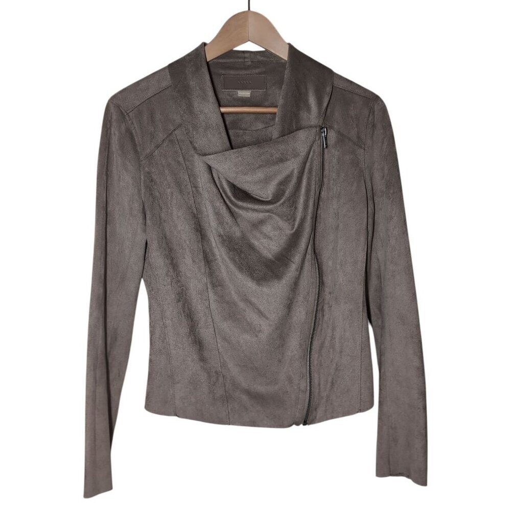 Blank‎ NYC Faux Suede Moto Jacket Small Drape Front Biker Taupe Asymmetrical Zip